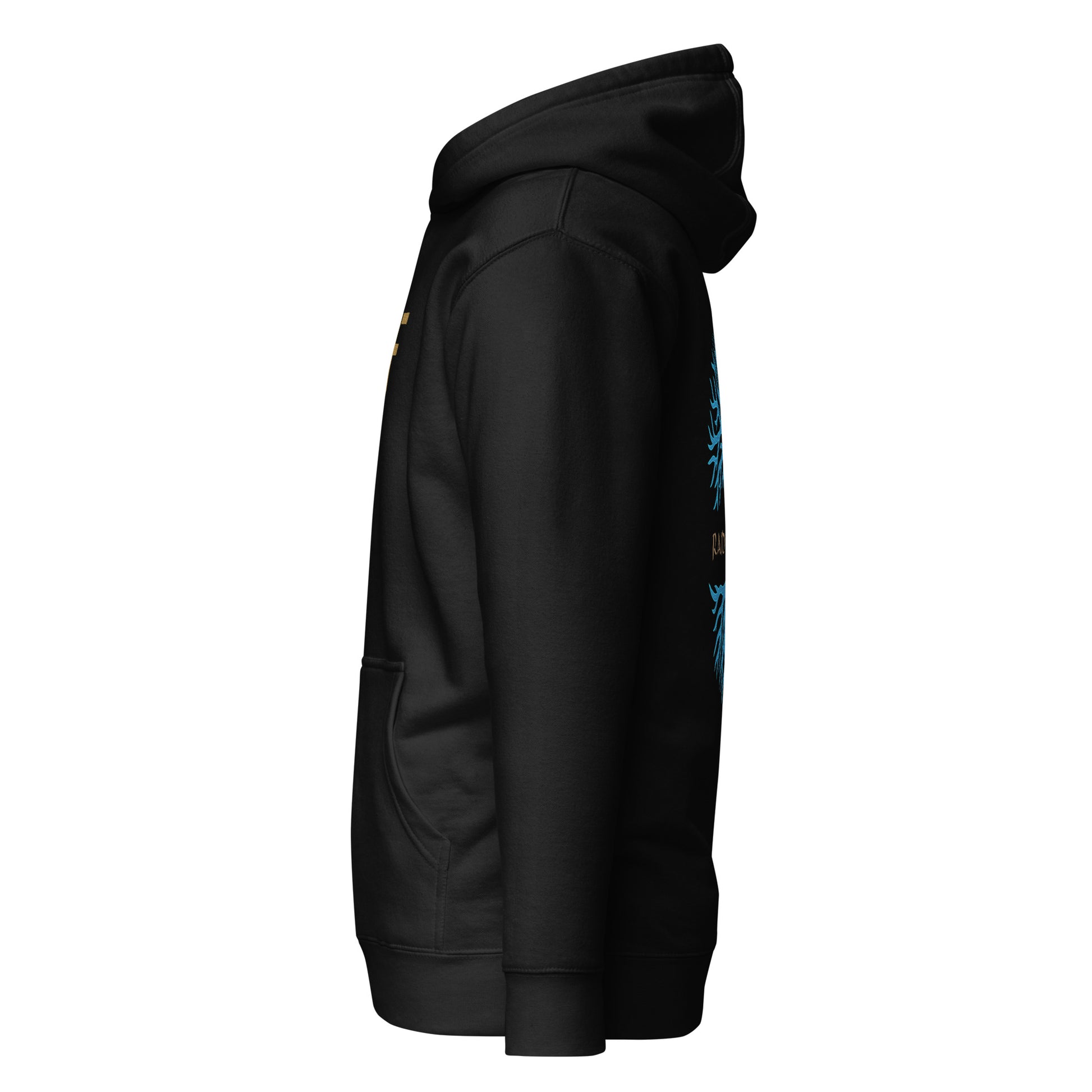 Raid Founders - Blue Viking Tree of Life Hoodie in black, left side view