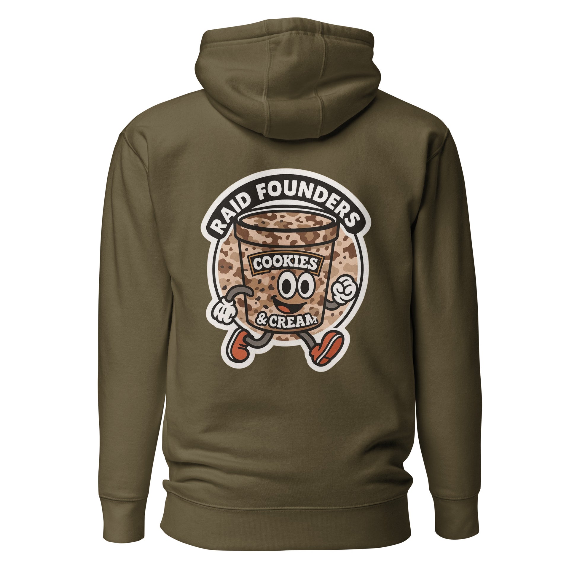 Raid Founders - Cookies and Cream Cartoon Hoodie in military green, back view