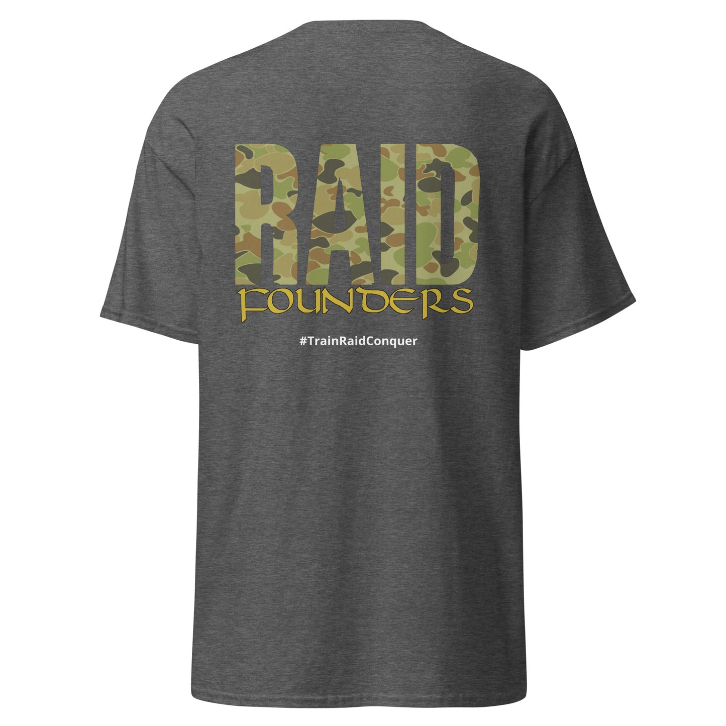 Raid Founders Jellybean T shirt, dark heather colour, back view