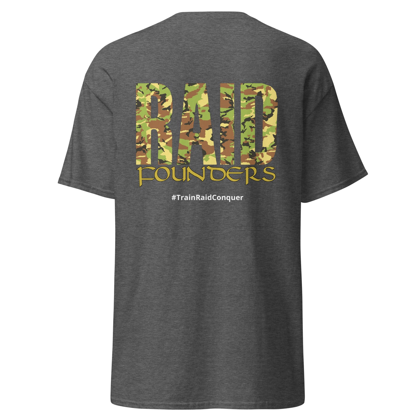 Raid Founders DPM T shirt, dark heather colour, back view