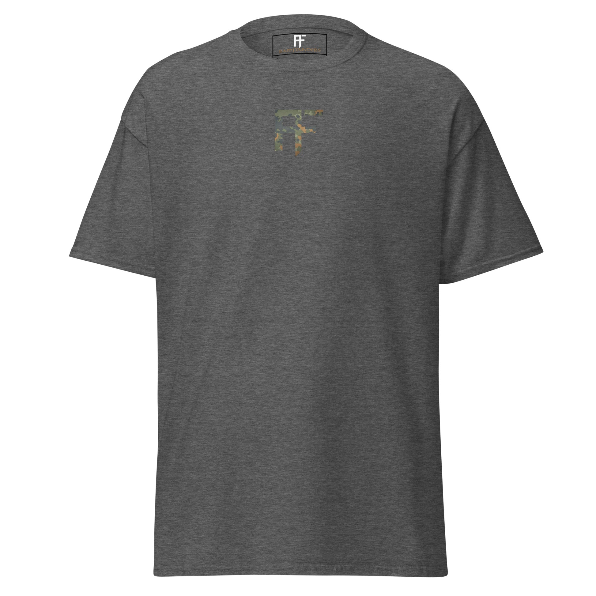 Raid Founders T SHIRT, RF Flectarn logo, dark heather colour,  front view