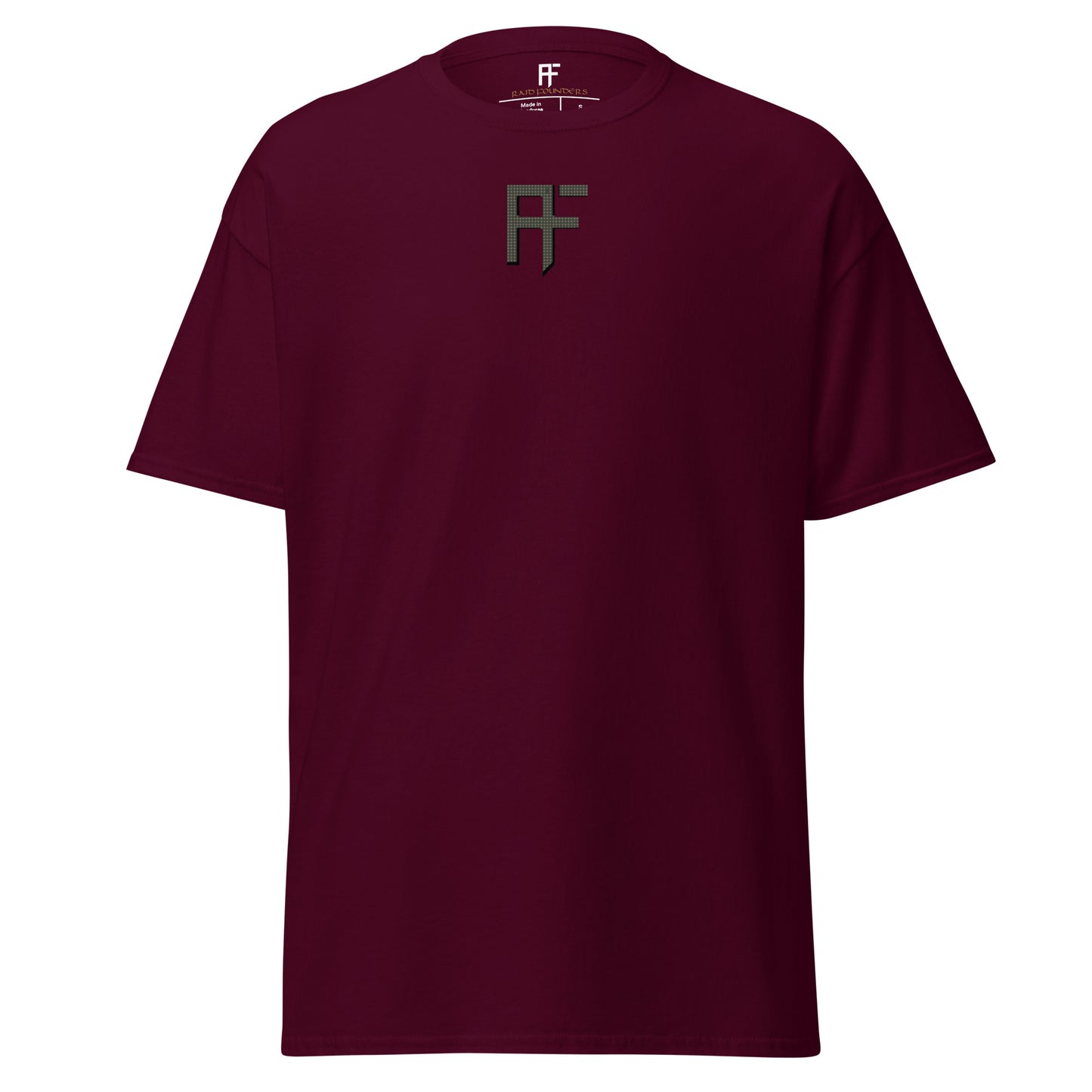 Raid Founders DNC T shirt, maroon colour, front view