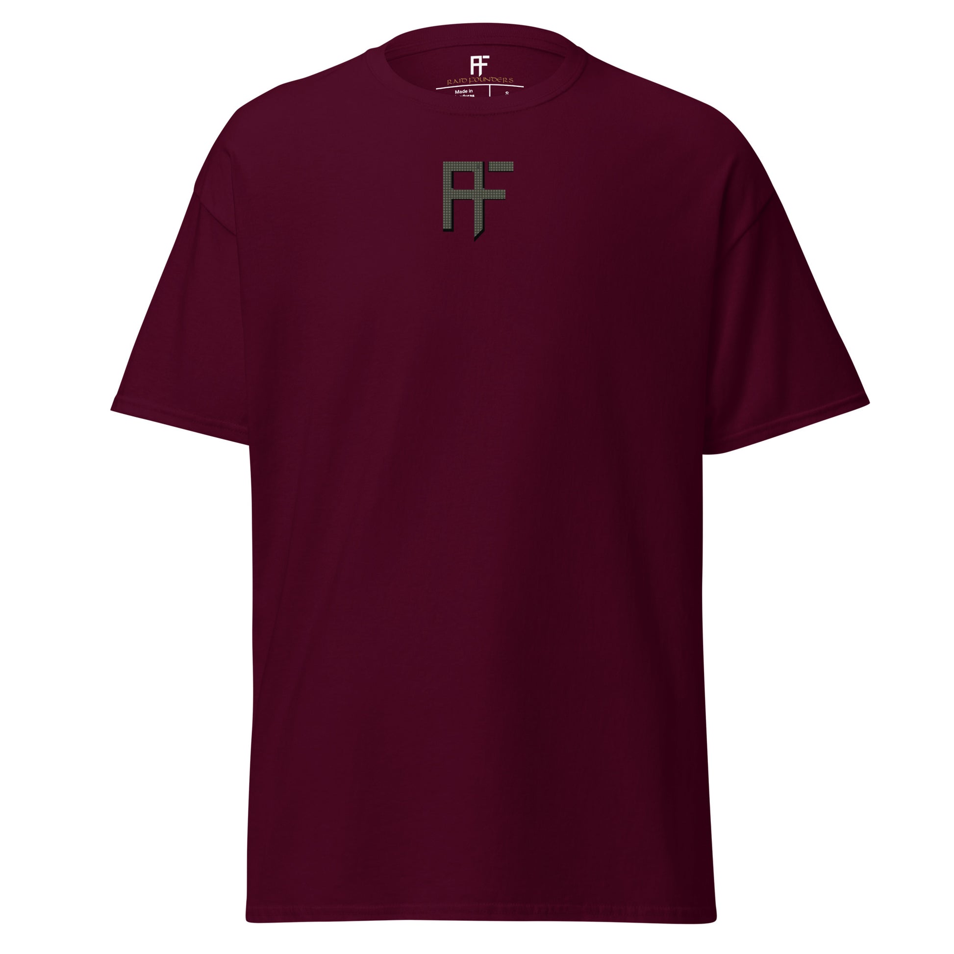 Raid Founders DNC T shirt, maroon colour, front view
