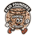 Cartoon ice cream container with 'Cookies & Cream' text and 'Raid Founders' branding on a white background.