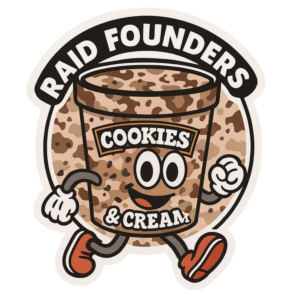 Cartoon ice cream container with 'Cookies & Cream' text and 'Raid Founders' branding on a white background.