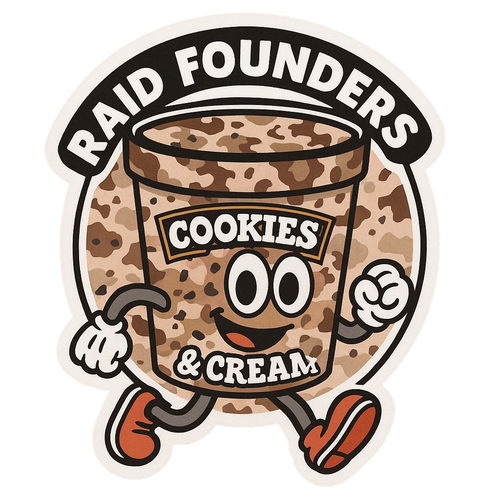 Cartoon ice cream container with 'Cookies & Cream' text and 'Raid Founders' branding on a white background.
