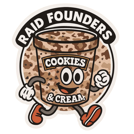 Cartoon ice cream container with 'Cookies & Cream' text and 'Raid Founders' branding on a white background.