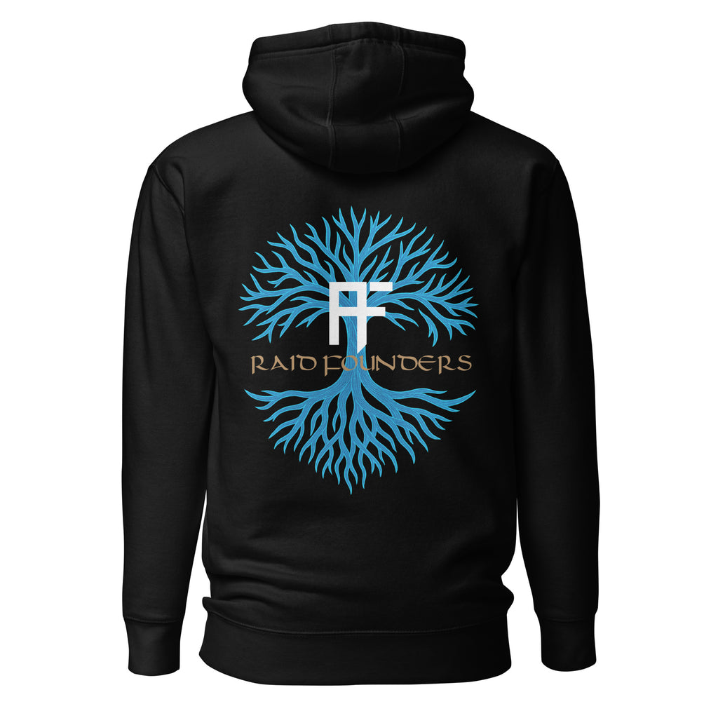 Raid Founders - Blue Viking Tree of Life Hoodie in black, back view