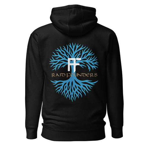 Raid Founders - Blue Viking Tree of Life Hoodie in black, back view