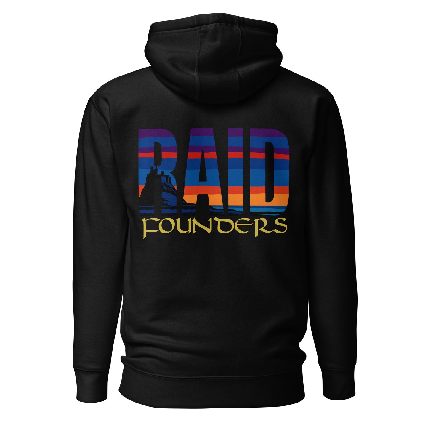 Raid Founders - Lindisfarne castle Hoodie in black, back view
