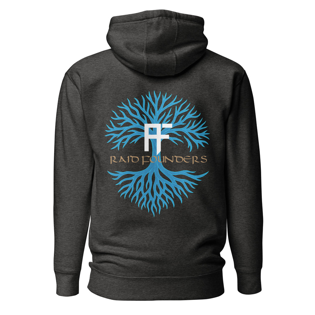 Raid Founders - Blue Viking Tree of Life Hoodie in Charcoal Heather, back view