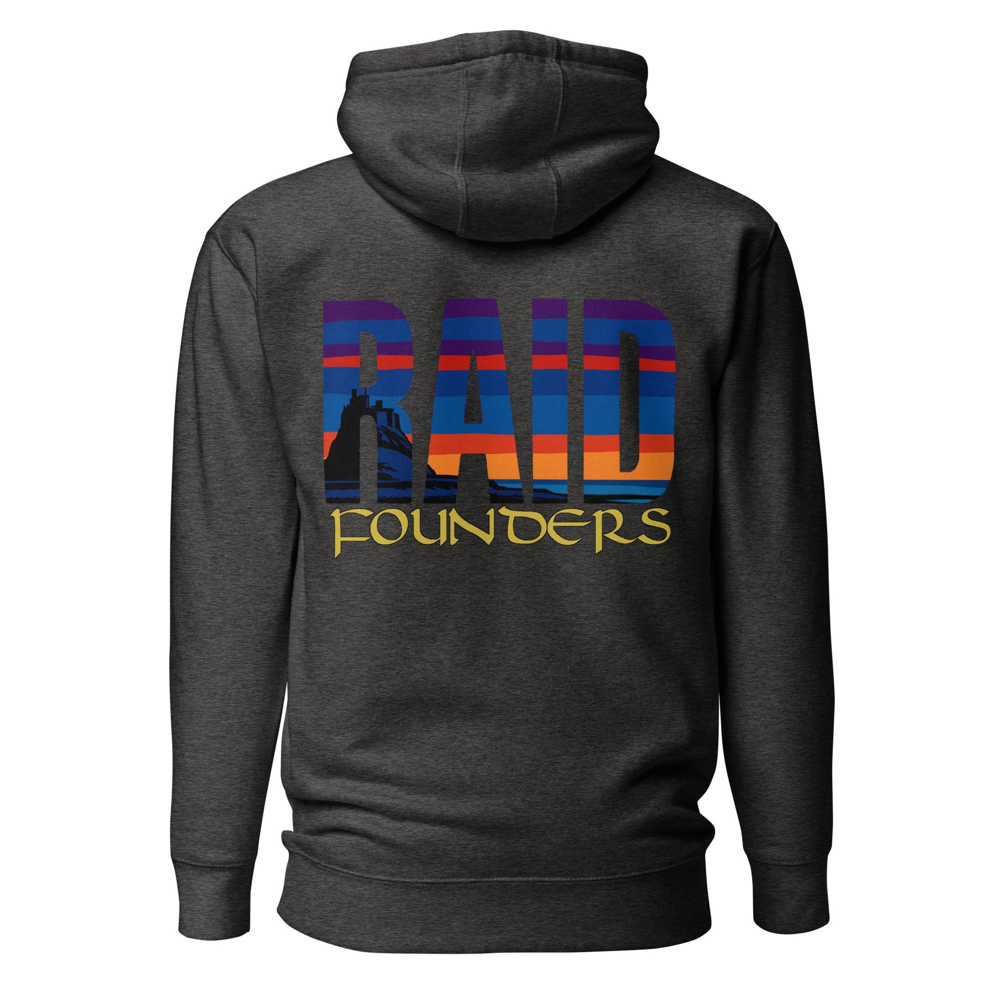 Raid Founders - Lindisfarne castle Hoodie in charcoal heather, back view