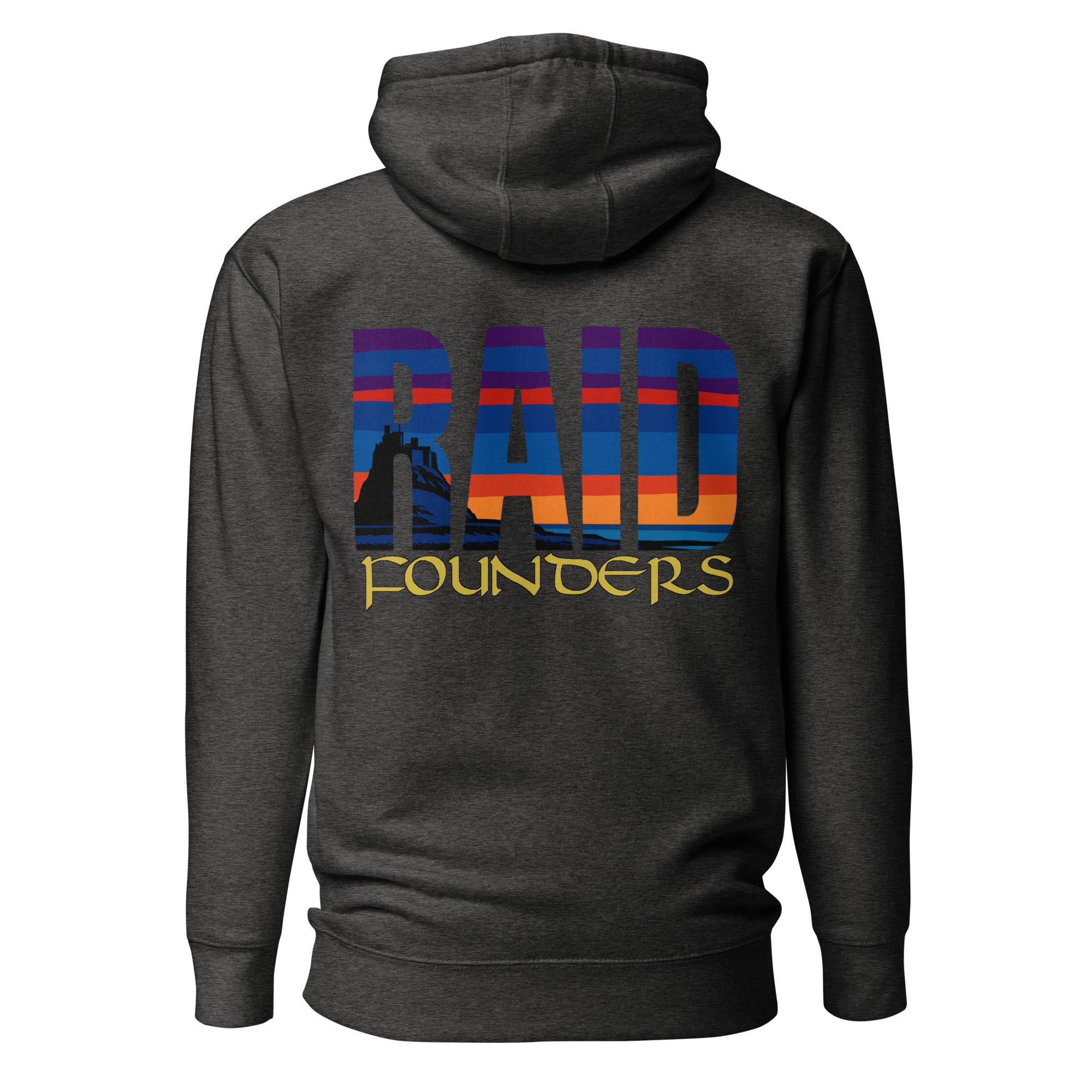 Raid Founders - Lindisfarne castle Hoodie in charcoal heather, back view