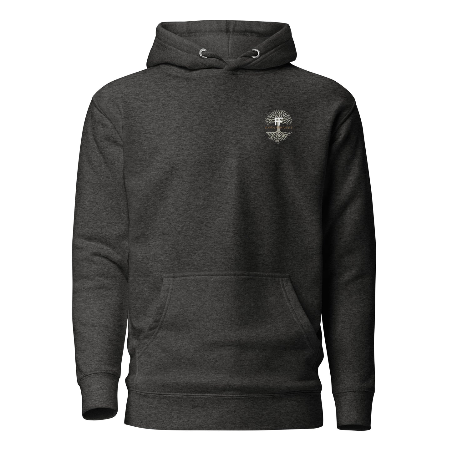 Raid Founders - Lindisfarne castle Hoodie in charcoal heather, front view