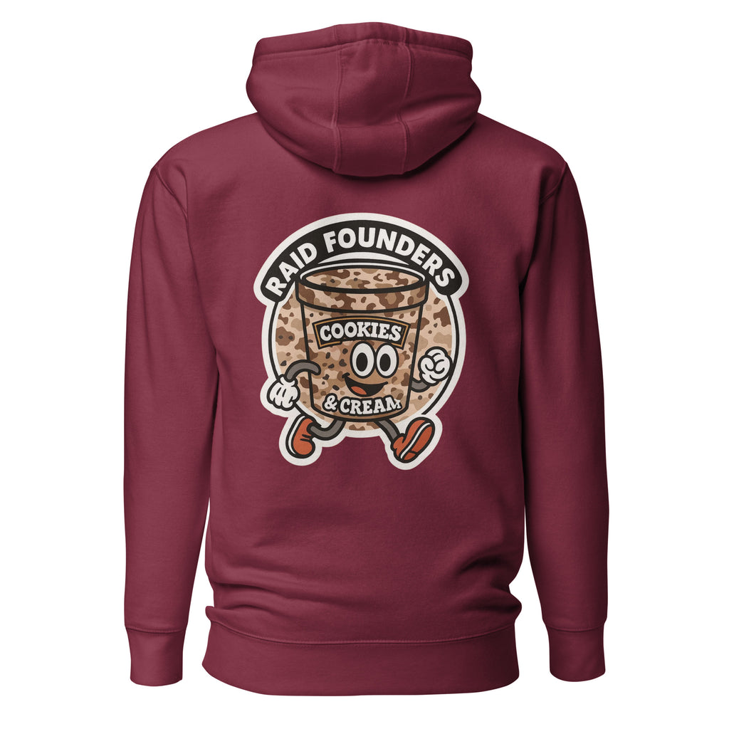 Raid Founders - Cookies and Cream Cartoon Hoodie in maroon, back view
