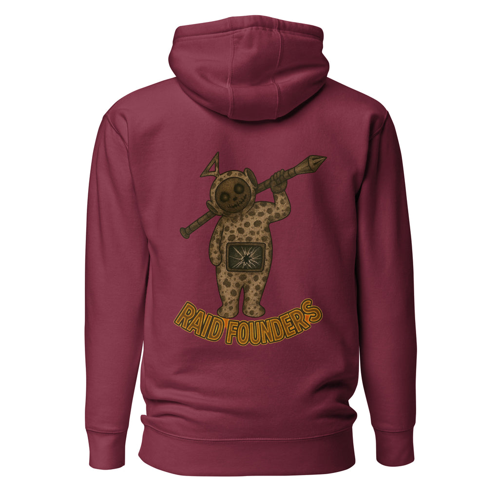 Raid Founders maroon colour, broken tv logo hoodie back view
