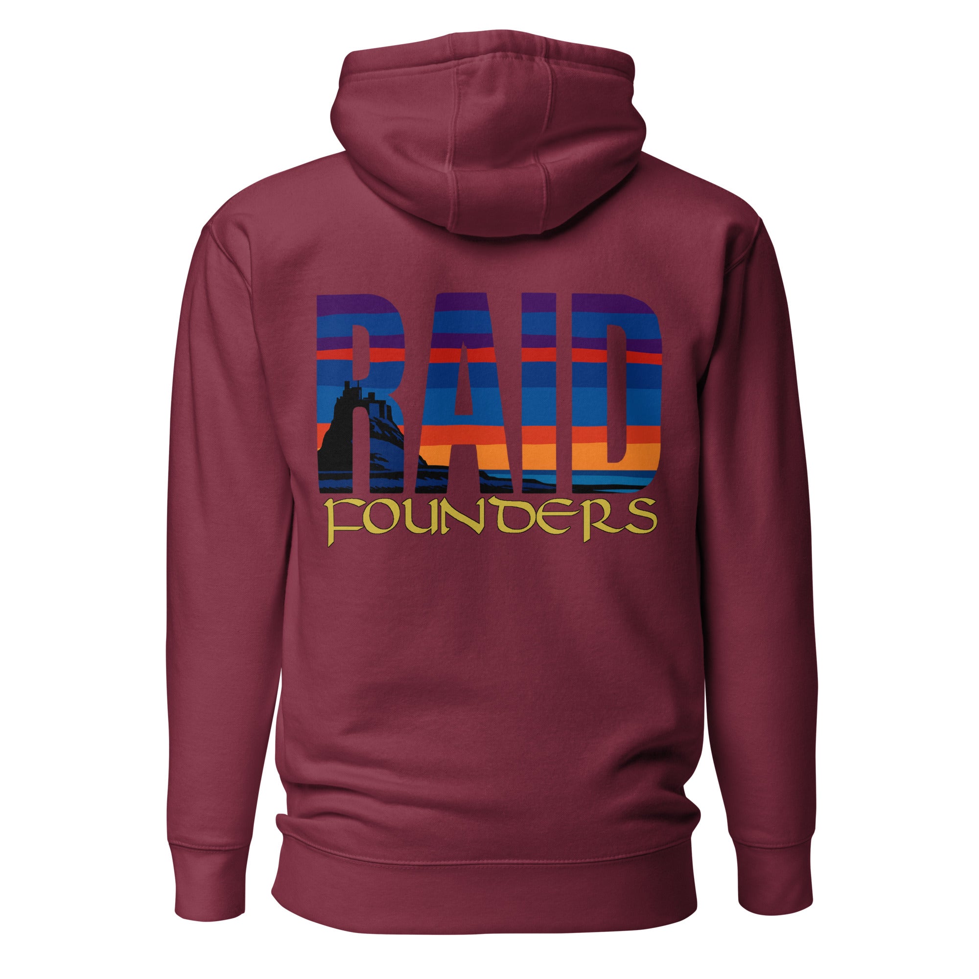 Raid Founders - Lindisfarne castle Hoodie in maroon, back view