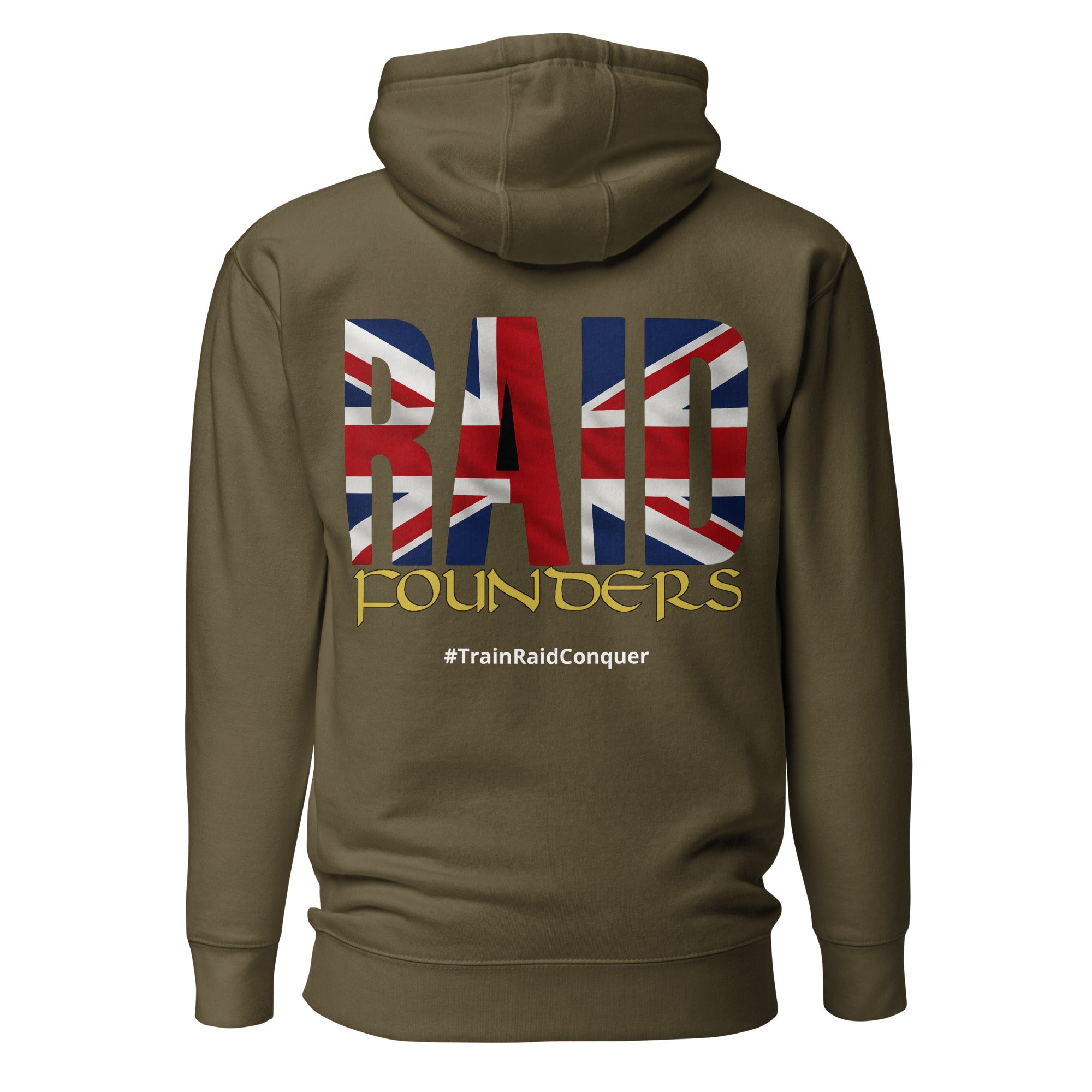 INSIGNIA HOODIE Union Jack British flag design back view - military green