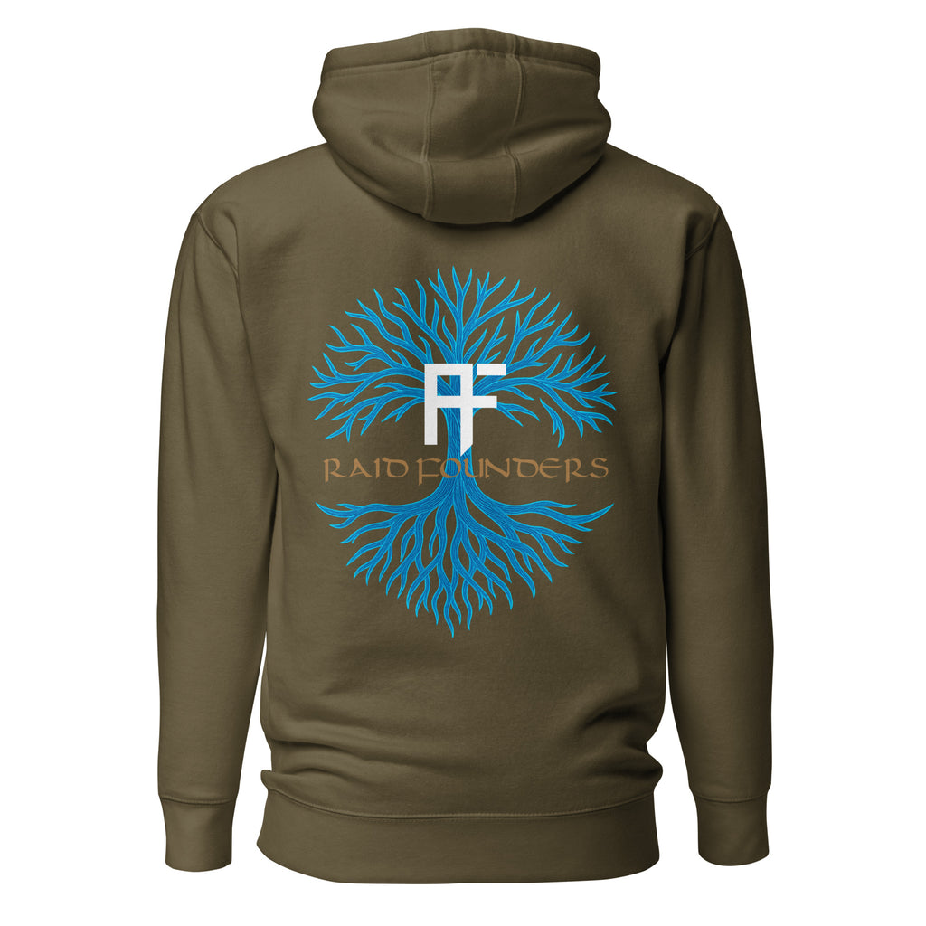 Raid Founders - Blue Viking Tree of Life Hoodie in Military Green, back view