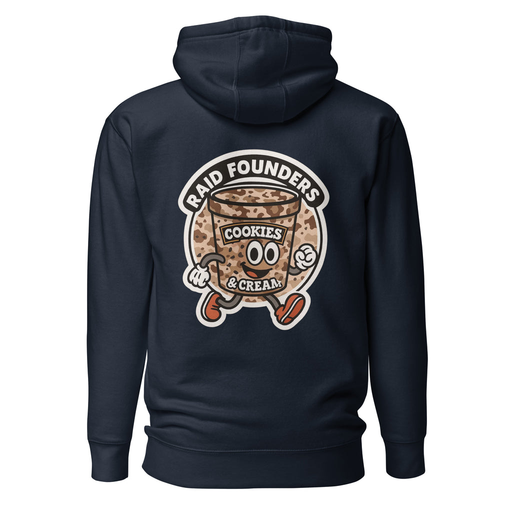 Raid Founders - Cookies and Cream Cartoon Hoodie in navy, back view