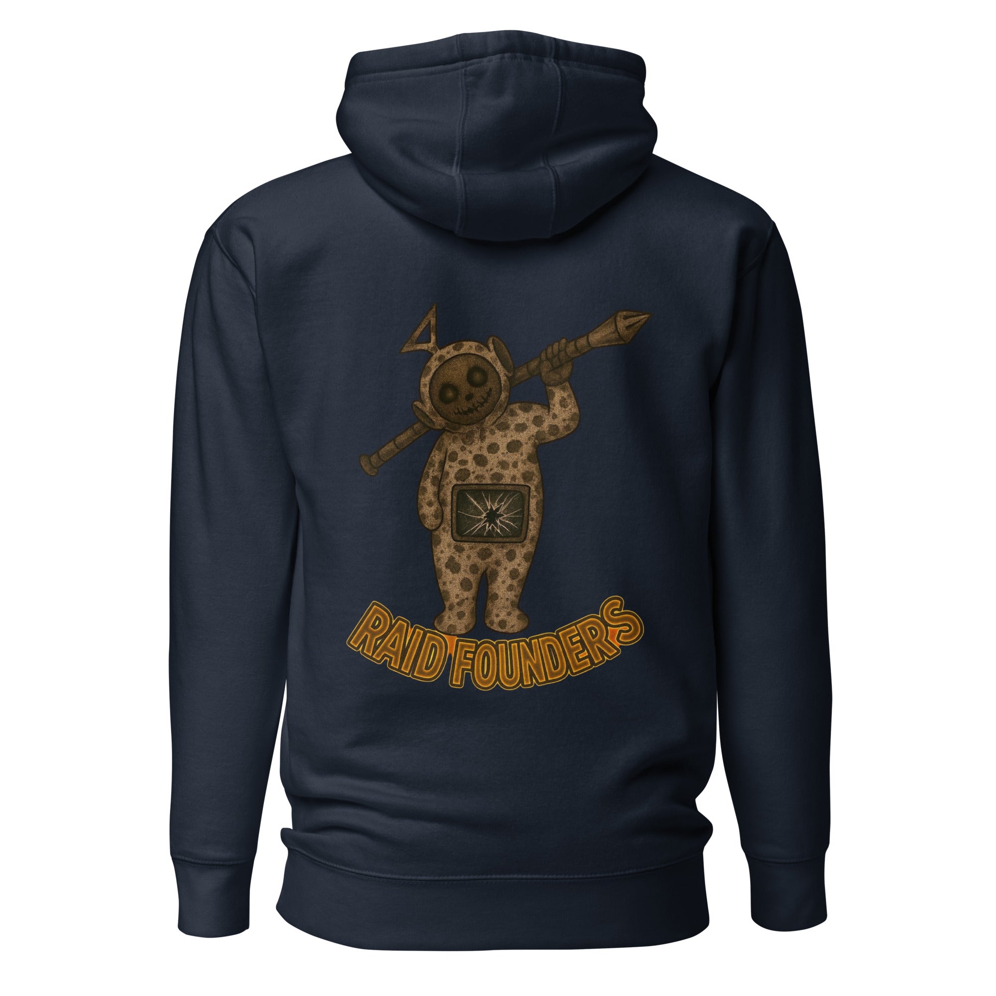 Raid Founders navy colour, broken tv logo hoodie back view