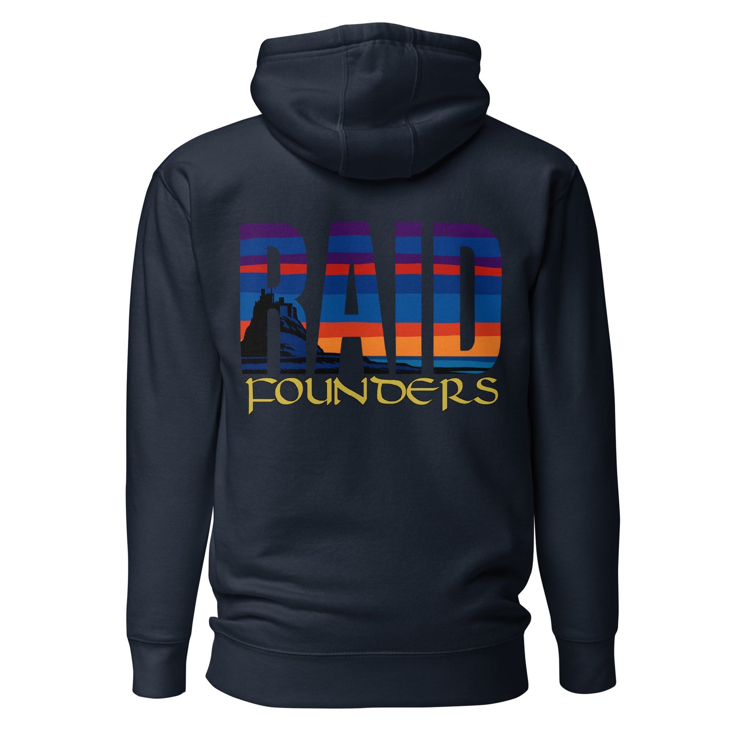 Raid Founders - Lindisfarne castle Hoodie in navy, back view