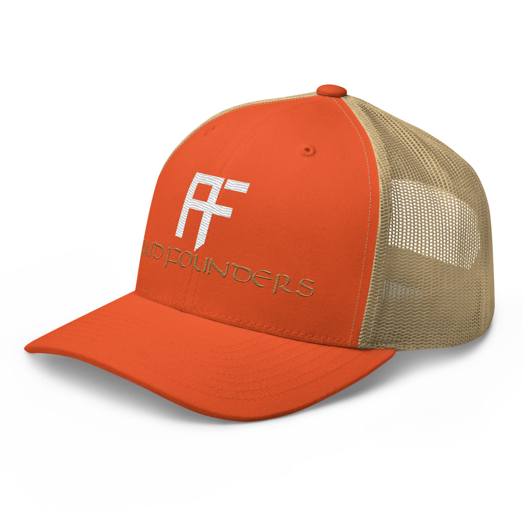 RAID FOUNDERS truckers cap front view orange front left view