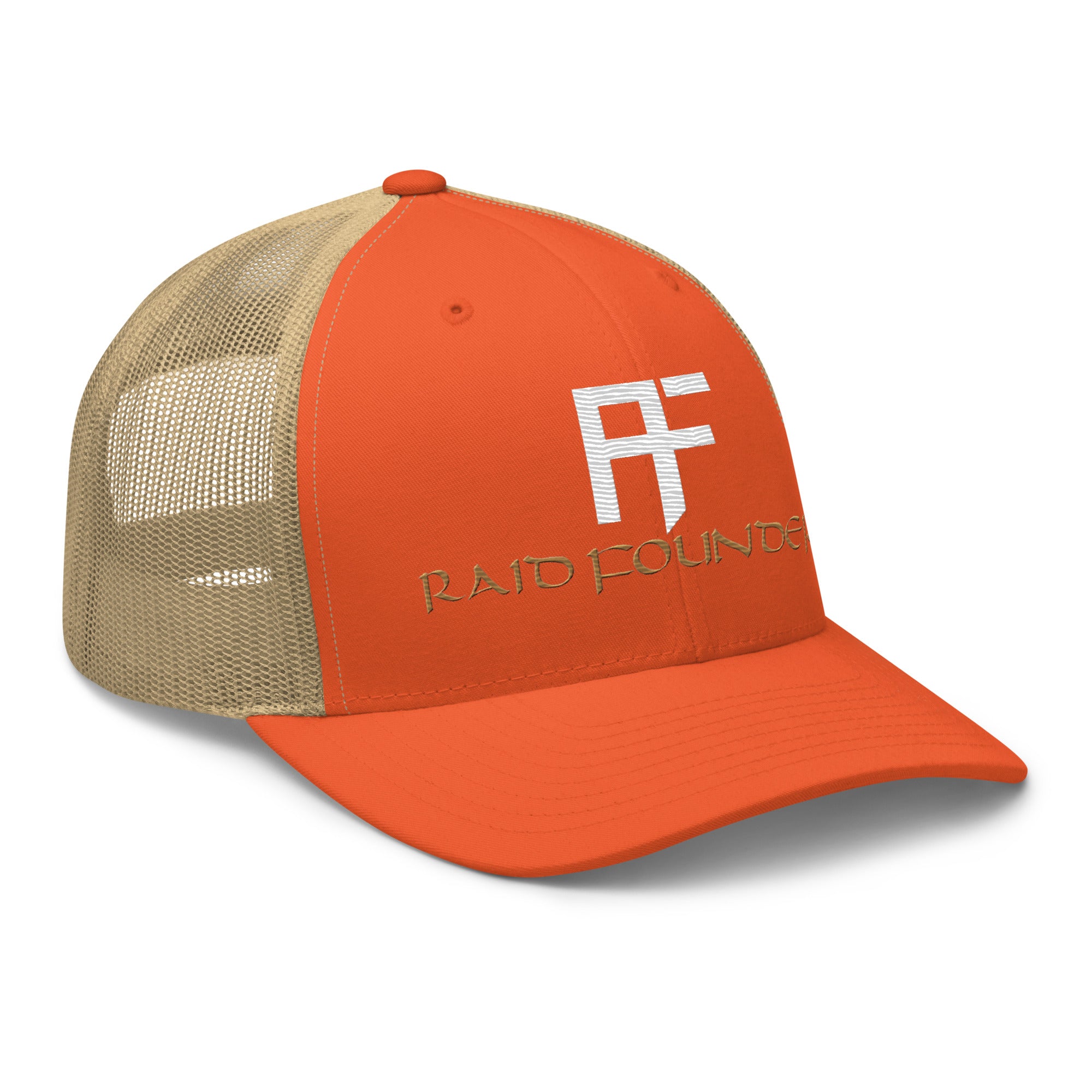 RAID FOUNDERS truckers cap front view orange front right view
