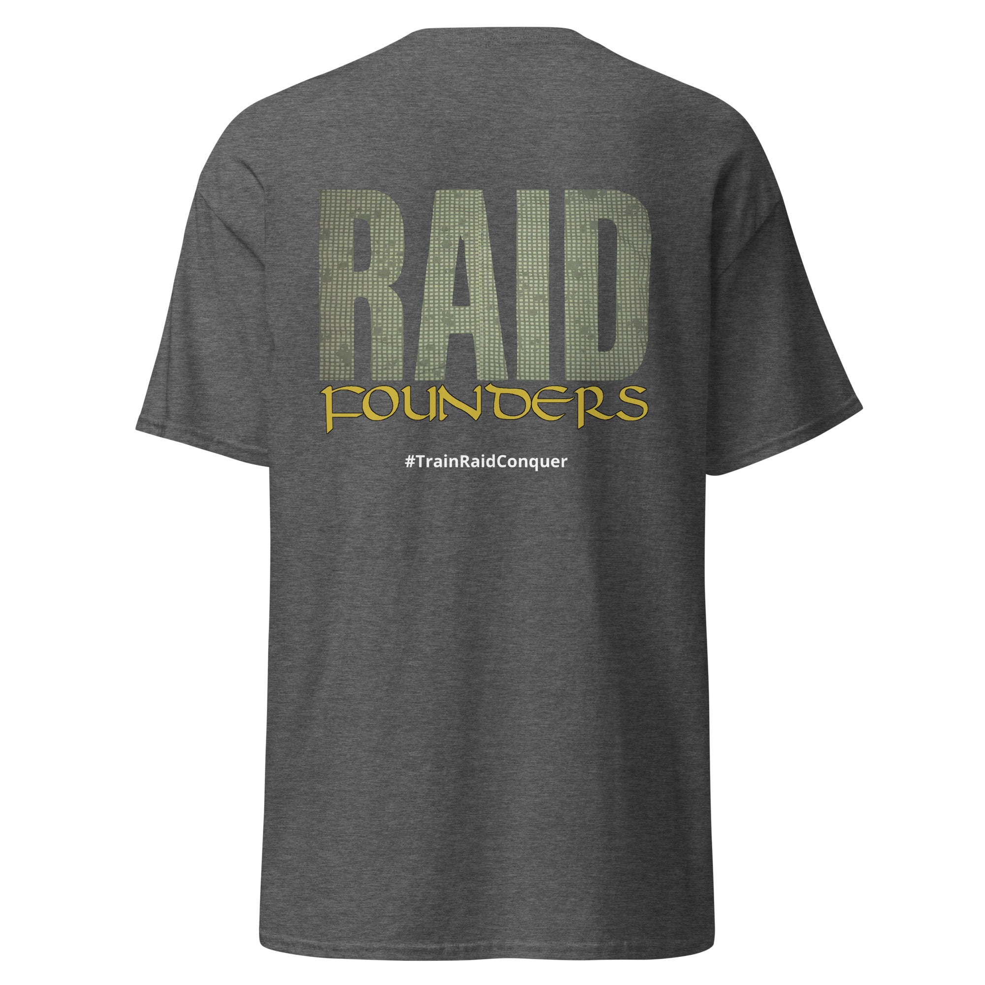 Raid Founders DNC T shirt, dark heather colour, back view