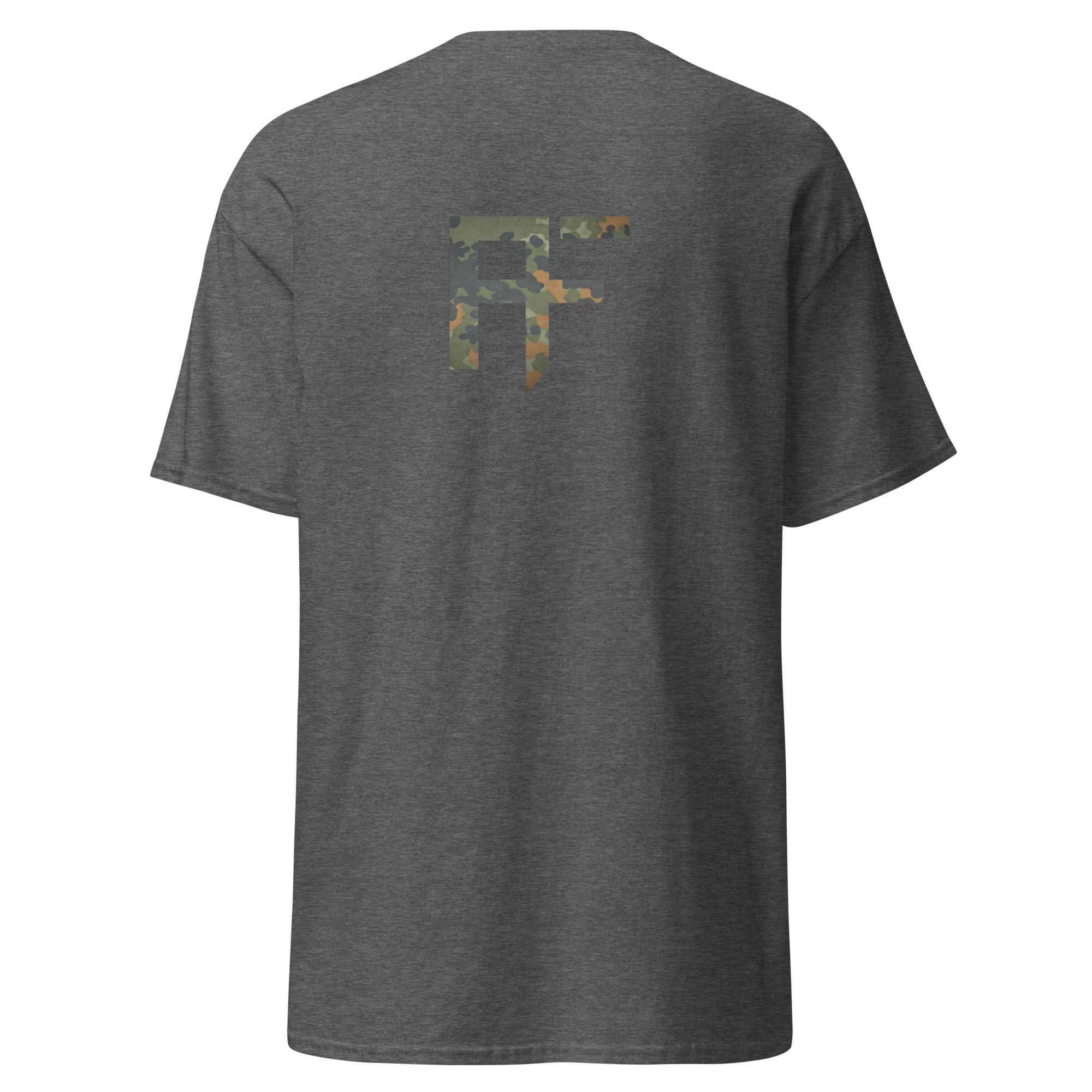 Raid Founders T SHIRT, RF Flectarn logo, dark heather colour,  back view