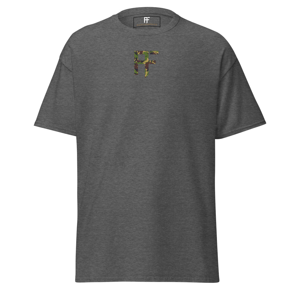 Raid Founders DPM T shirt, dark heather colour, front view