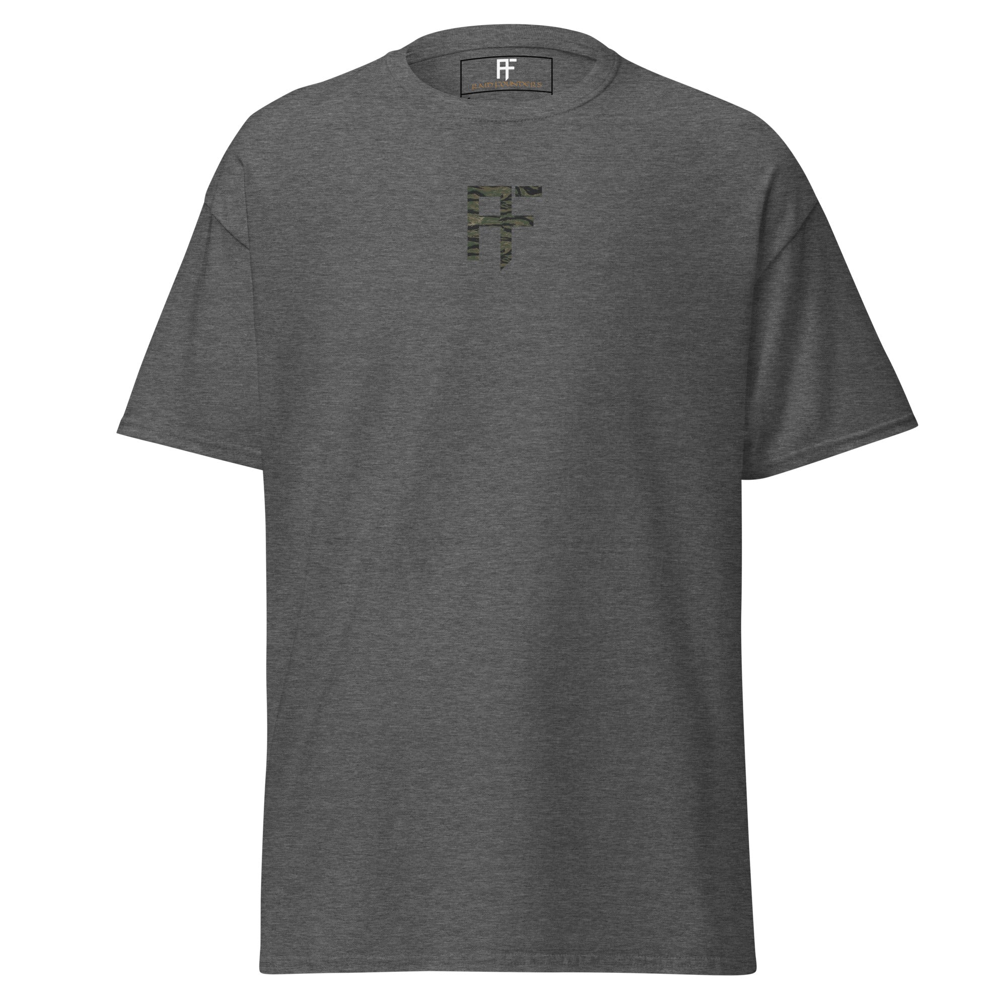 Raid Founders T SHIRT, RF Tiger logo, dark heather colour,  front view