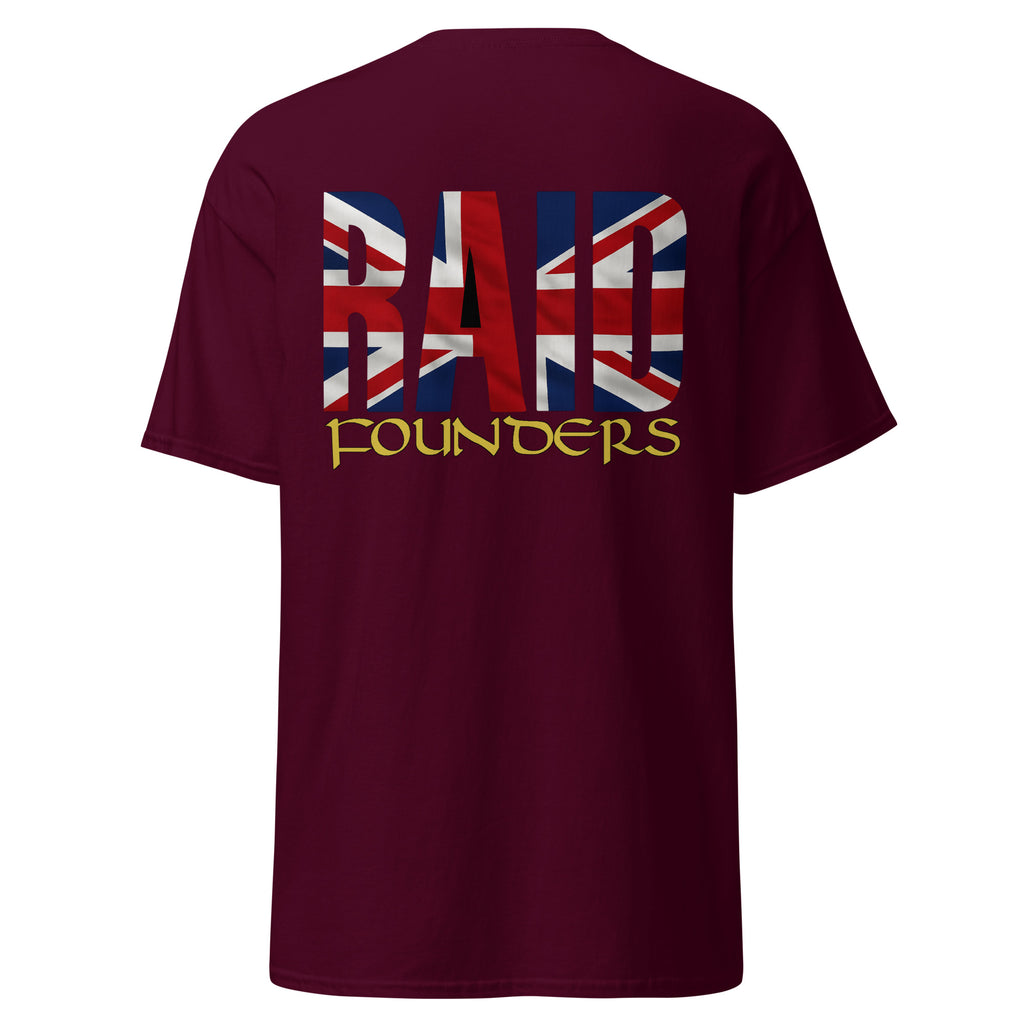 Raid Founders maroon colour, Union Jack tee shirt back view