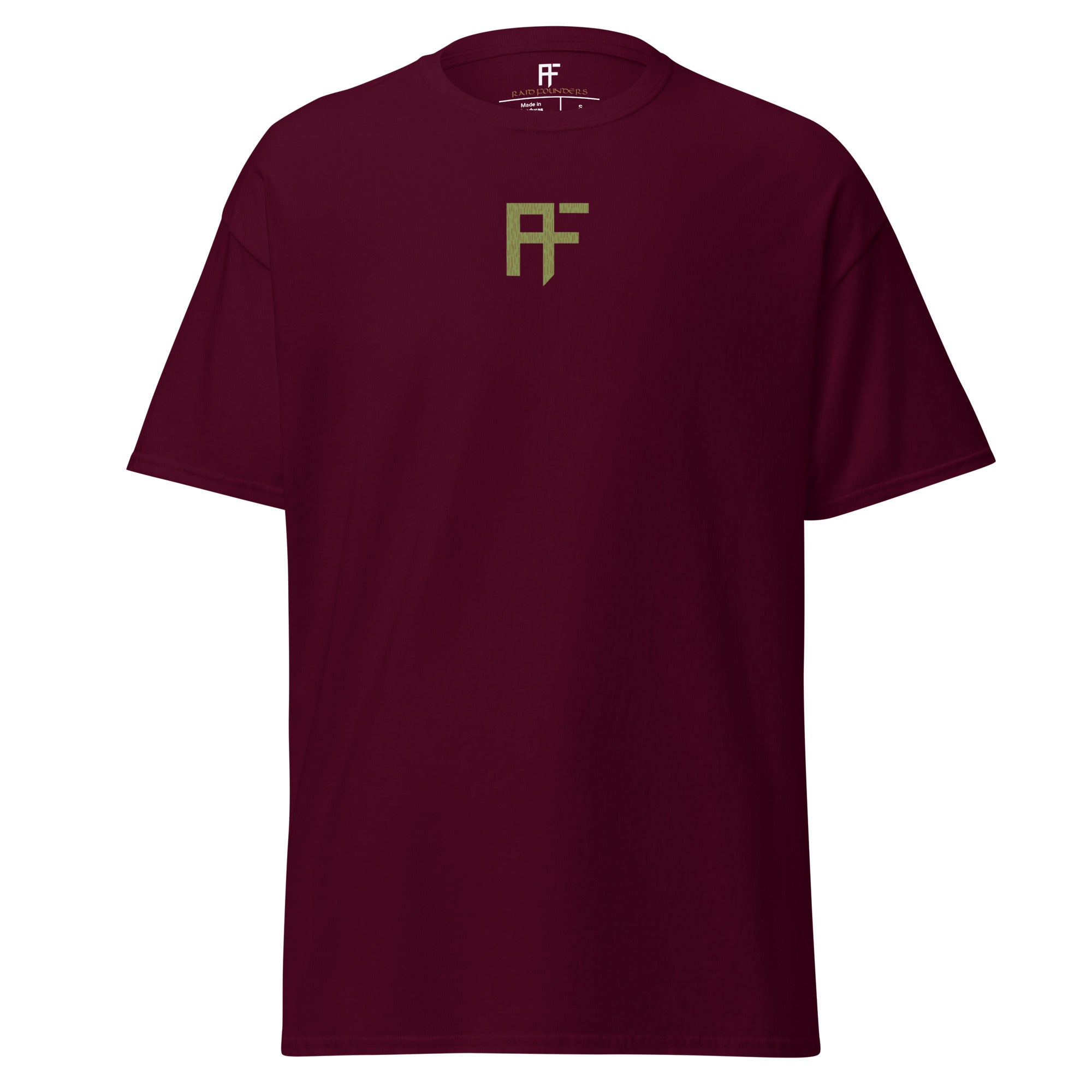 Raid Founders Green Rain T shirt, maroon colour, front view