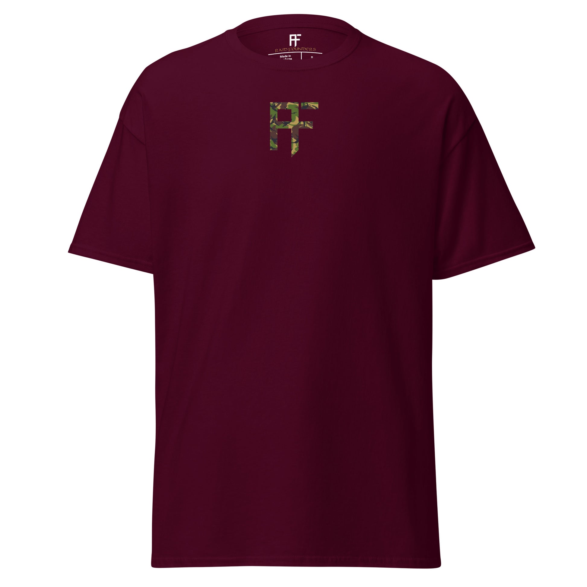 Raid Founders DPM T shirt, maroon colour, front view