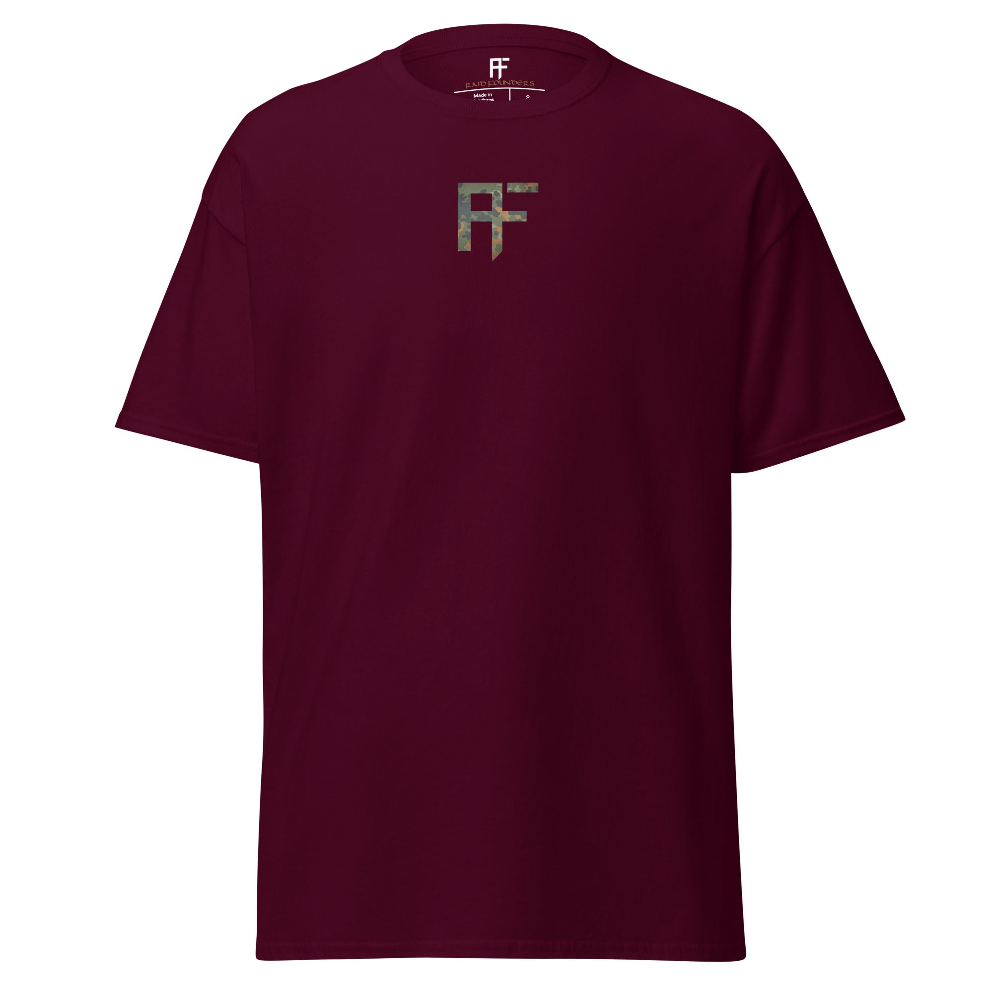 Raid Founders T SHIRT, RF Flectarn logo, maroon colour,  front view
