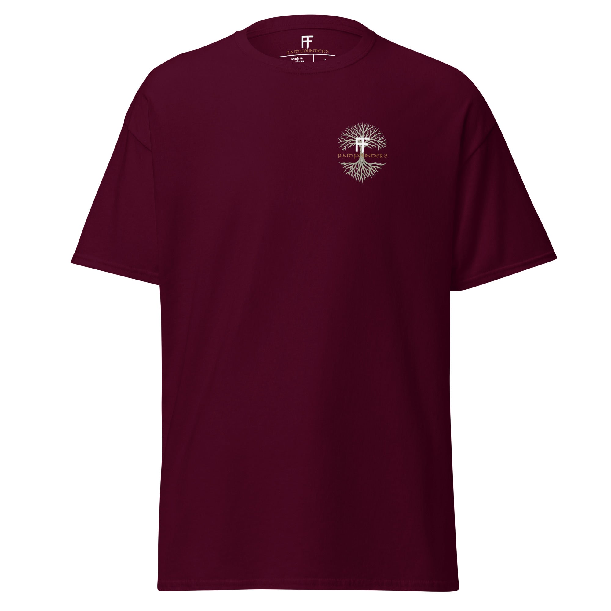 Raid Founders maroon colour, Union Jack tee shirt front view