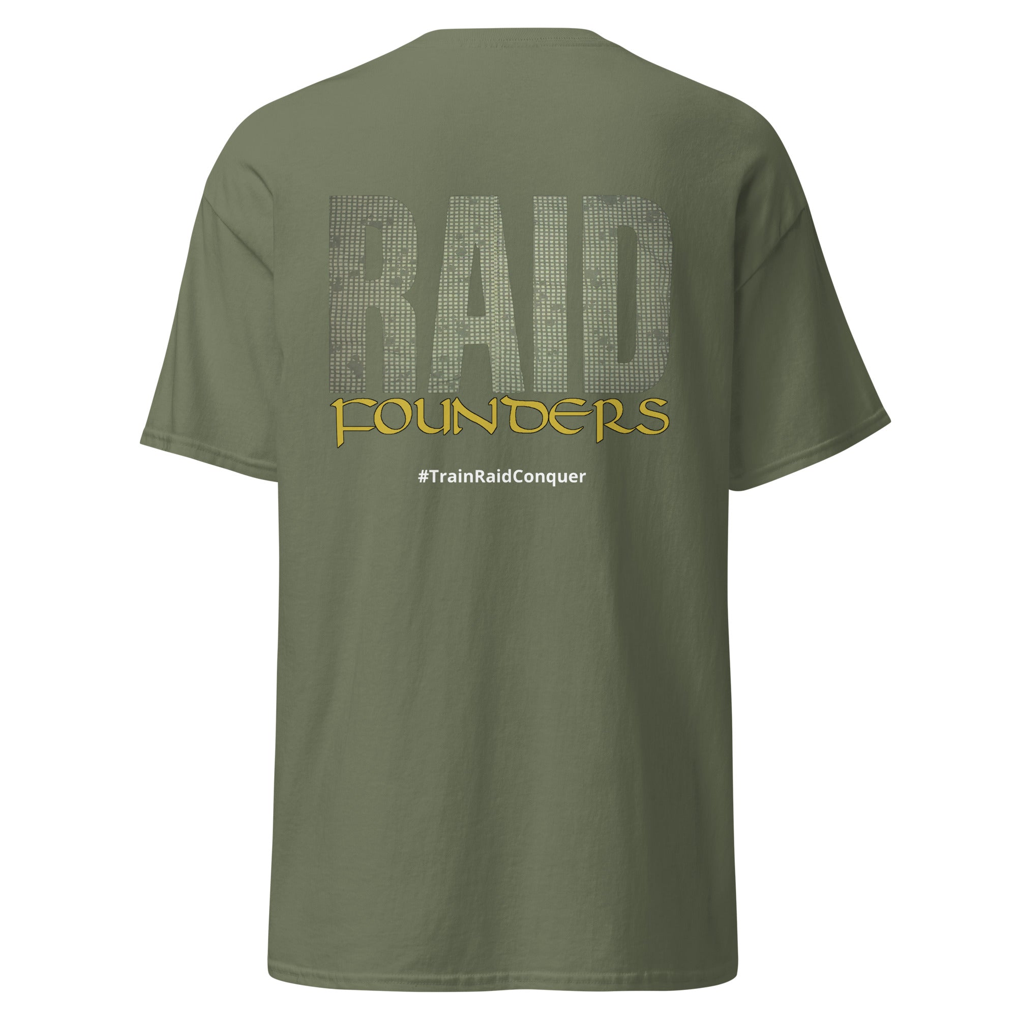 Raid Founders DNC T shirt, military green colour, back view