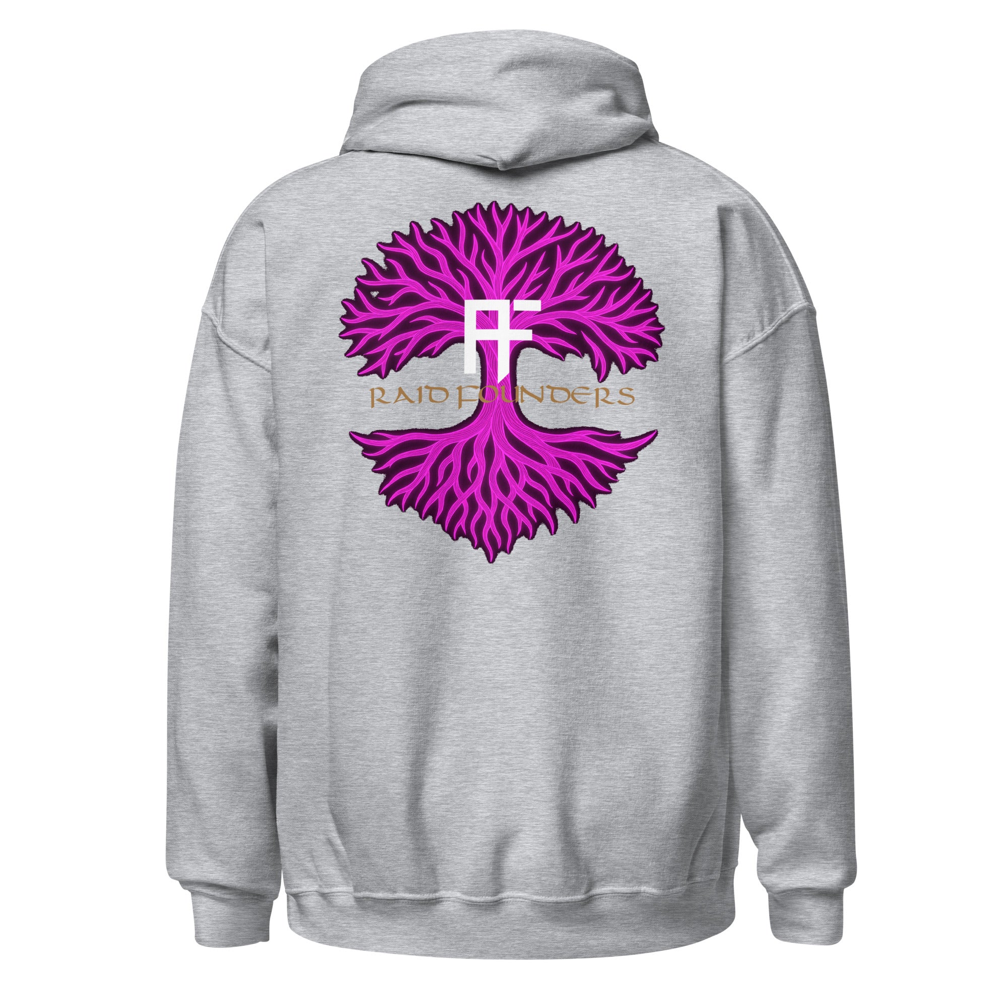 Raid Founders HOODIE - Pink Yggdrasil Unisex Hoodie in light grey back view